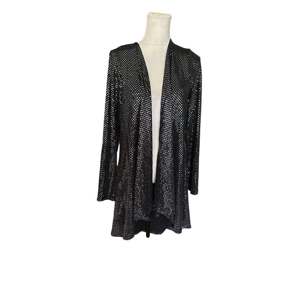 Vocal Black & Silver Sequin Long Sleeve Sparkling Open Front Cardigan Small